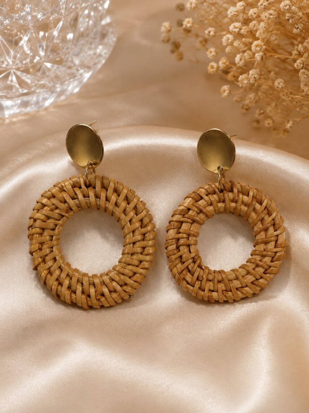 Natural Tan Woven Hoop Drop Earrings Gold Boho Statement Jewelry